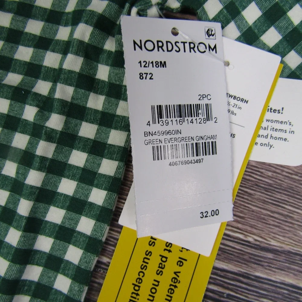 Nordstrom NEW NWT Baby 12M/18M Green White Gingham Pajama Set Christmas